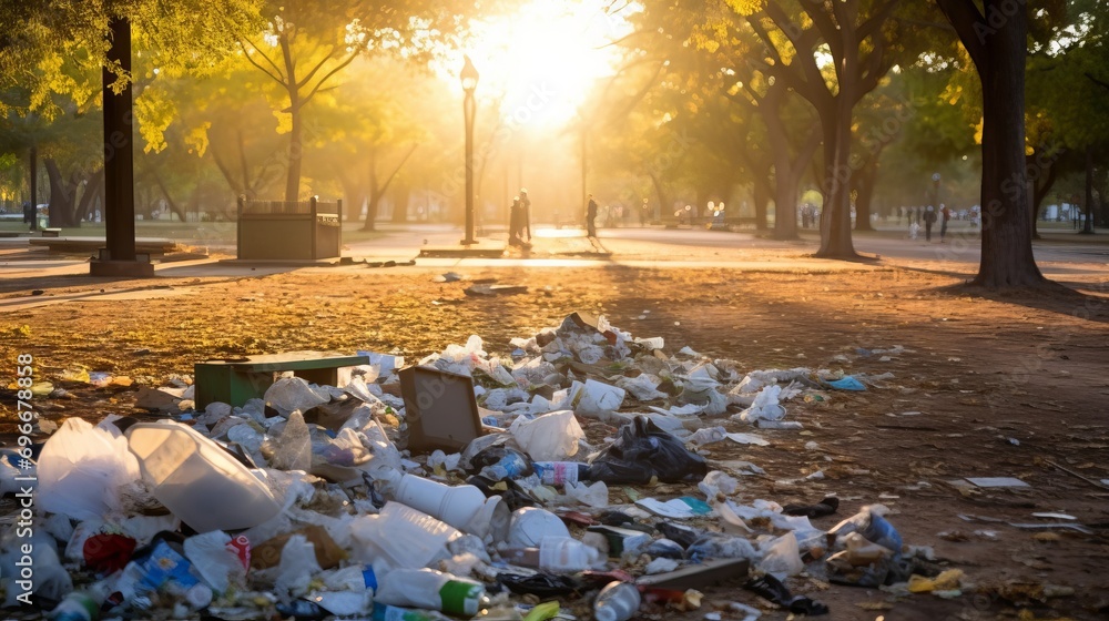 Poster a park overrun with litter and trash contributing to visual pollution