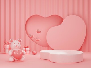 pink background with hearts, gift boxes, a podium, and a teddy bear