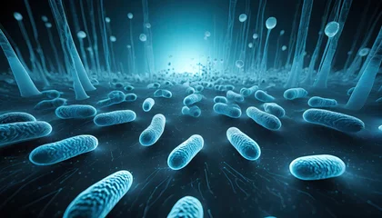 Fotobehang Close up of 3d microscopic blue bacteria. © hugo