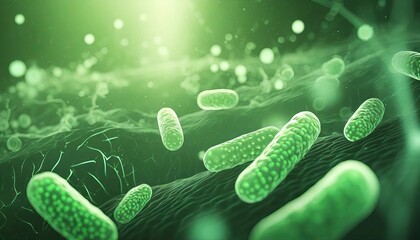 Micro probiotic lactobacillus green microorganism Realistic style. Medical, healthcare and scientific concept 3D illustration. - obrazy, fototapety, plakaty