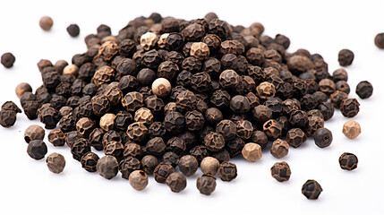 Pile of Black peppercorns (Black pepper) seeds isolated on white background. Generative AI
