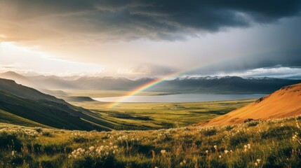 Obraz premium A rainbow framing a peaceful mountain range