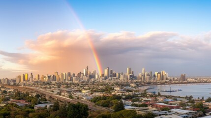 A rainbow over a cityscape after a passing shower