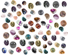Polished natural mineral gemstones with a white background