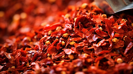 Red chili pepper flakes shot from above. Mix of Spices and herbs background. Generative AI