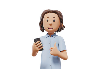3d man holding phone and give thumb up with smiling at camera. 3d rendering. 3d illustration