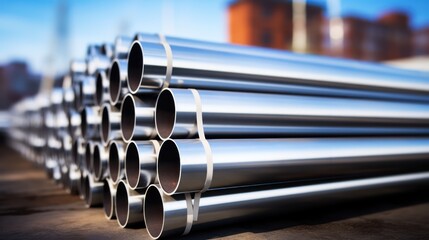 Stack of stainless steel pipe. Industry concept - obrazy, fototapety, plakaty
