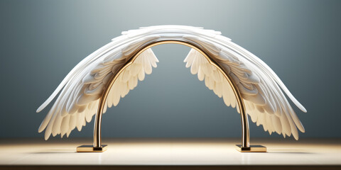 White angel wings with golden stand on a clean studio podium, presenting cosmetics with the delicate touch of an angel's wing.