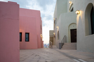 The walkway inside the old Doha Port, shot at sunrise, Qatar.