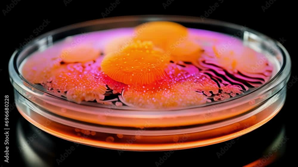 Poster a striking macro of a petri dish containing bacterial colonies that have been genetically modified u