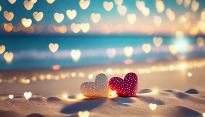 two hearts in sand on the beach at sunset, Valentine day love background - obrazy, fototapety, plakaty