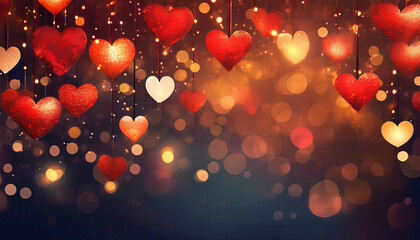 Valentines day background with red hearts and bokeh lights - obrazy, fototapety, plakaty