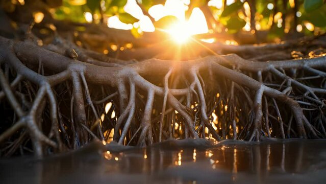 A detailed photo of a mangrove trees root structure, with CRISPR technology being used to enhance its ability to withstand rising sea levels and protect the critical habitats of endangered