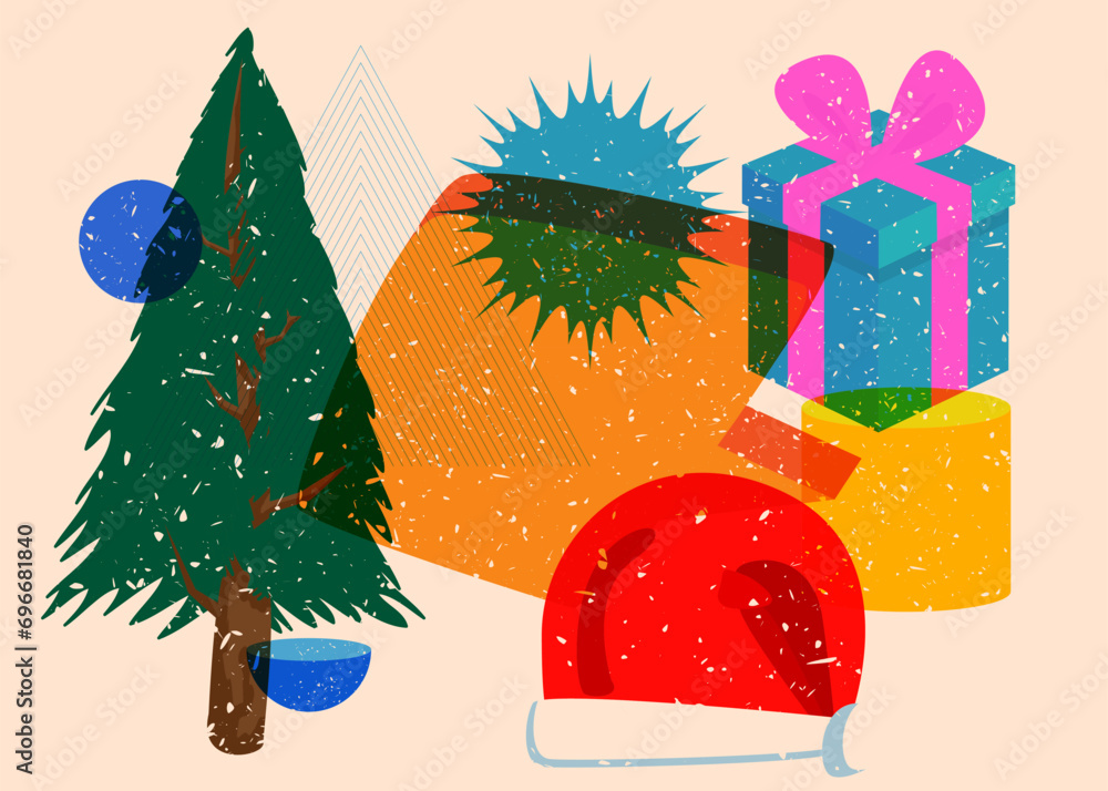 Poster risograph holiday, christmas with speech bubble and geometric shapes. pine tree, gift box, santa cla