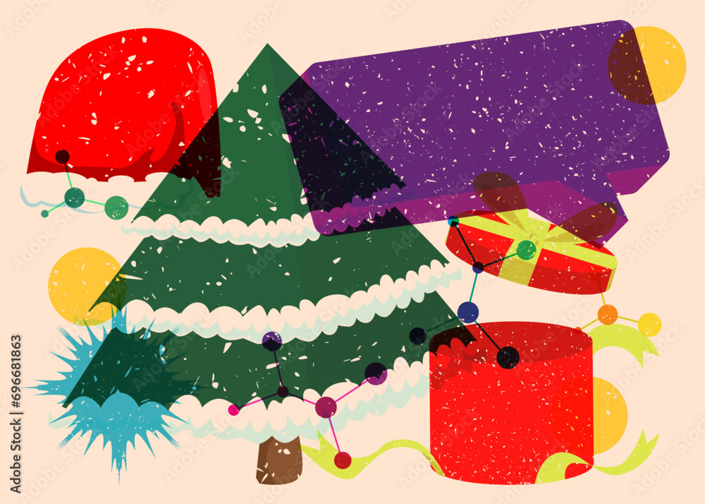 Poster risograph holiday, christmas with speech bubble and geometric shapes. pine tree, gift box, santa cla