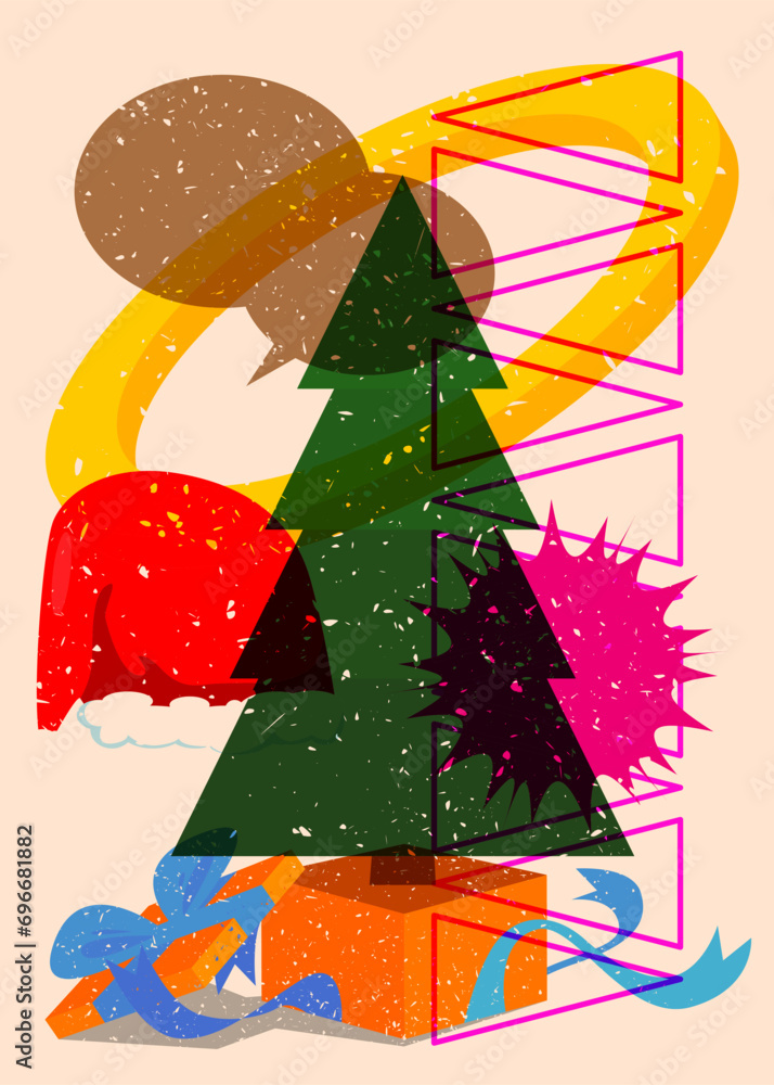 Poster risograph holiday, christmas with speech bubble and geometric shapes. pine tree, gift box, santa cla