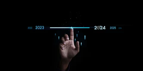 Fotobehang Countdown to 2024 concept. the taps a virtual download bar with a loading progress meter on New Year's Eve, turning the year 2023 to 2024. © Smile Studio AP