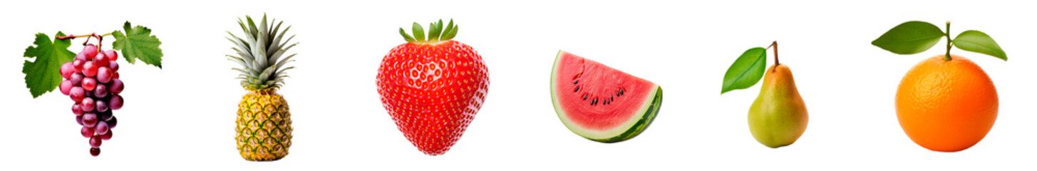 Set of Fruits 2 (Grapes, Pineapple, Strawberry, Watermelon, Pear, Tangerine) - obrazy, fototapety, plakaty