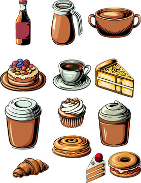 morning coffe set with lots of cakes. flat concept background. stock illustration