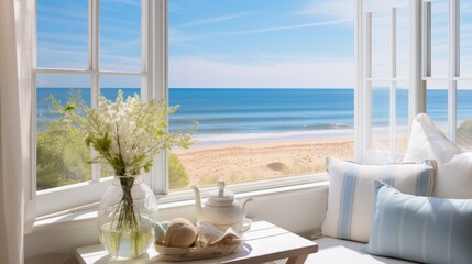 Tranquil ocean view from the window of a beachfront cottage