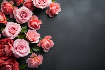 Generative AI Image of Pink Roses Decoration with Blank Space on Black Background
