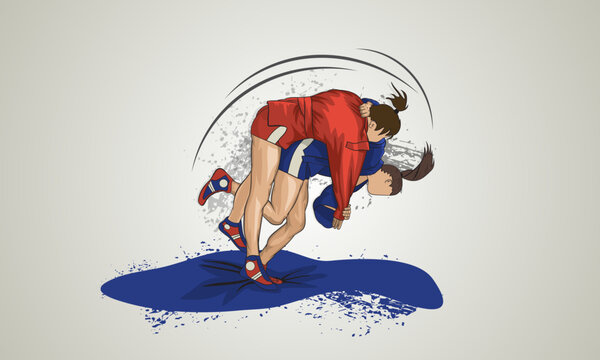 A sambo girl in a blue suit makes a throw through the thigh. Abstract vector background. Sambo wrestling.