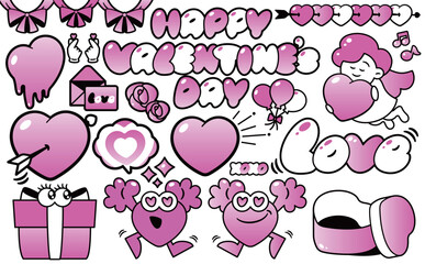 ハートやプレゼント・リボン・バルーン等のバレンタインデーに使いやすいポップでかわいいイラストセット