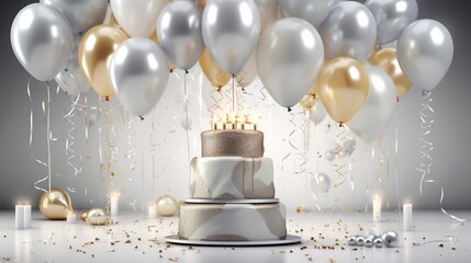 Celebrate in Silver Splendor. Happy Birthday. Cake, Christmas Cake, Air Balloons, Foil Balloons, Birthday Balloon, Glitter Confetti Elements. Birthday Card. Gold, Silver Category.