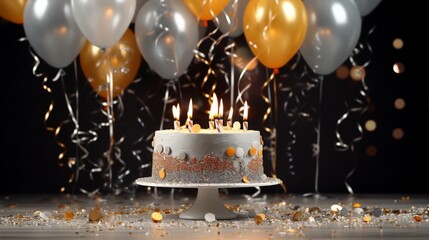 Celebrate in Silver Splendor. Happy Birthday. Cake, Christmas Cake, Air Balloons, Foil Balloons, Birthday Balloon, Glitter Confetti Elements. Birthday Card. Gold, Silver Category.