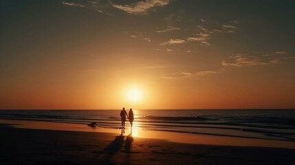 Couple walking on beach at sunrise, beautiful cloudy sky and chadow reflected on the beach.