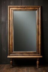 Front view of a rectangular mirror with simple gold frame, vintage, hanging on a white wall, clarity