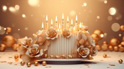 Golden Radiance for a Birthday Glam. Beautiful Happy Birthday Background with Cake and Candles. 3D Mockup Style.