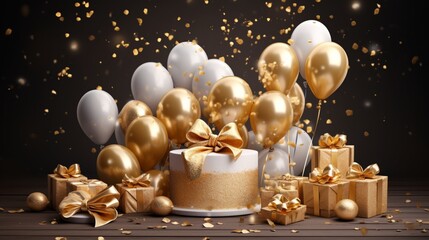 Fototapeta na wymiar Golden Wishes for Your Birthday Joy. Cake, Christmas Cake, Air Balloons, Foil Balloons, Birthday Balloon, Glitter Confetti Elements. Birthday Card. Gold, Silver Category.