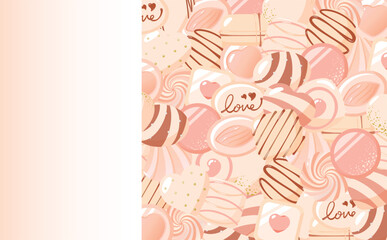 カードやタイトルに使えるホワイトデーやバレンタインチョコレートをイメージした背景と左側にコピースペースのあるフレーム