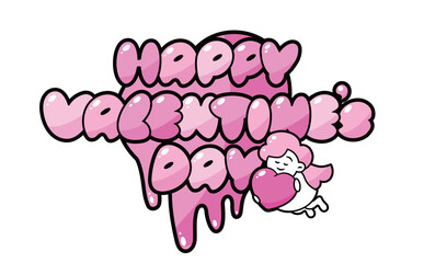 天使とハートのバルーンモチーフの吹き出しのあるバレンタインデーのかわいいポップな作字・立体感ベクターロゴ