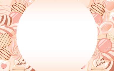 カードやタイトルに使えるホワイトデーやバレンタインチョコレートをイメージした背景と円形のコピースペースのあるフレーム