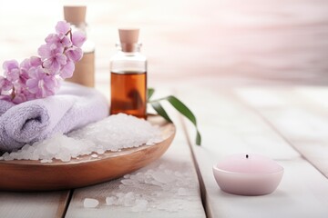 Obraz na płótnie Canvas Spa setting with sea salt, candle and towel on wooden table, Beauty treatment items for spa procedures on a white wooden table, Massage stones, essential oils, and sea salt, AI Generated