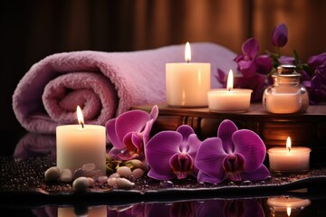 Obraz na płótnie Canvas Spa still life with orchids and candles on dark background, Beauty spa treatment with candles, AI Generated