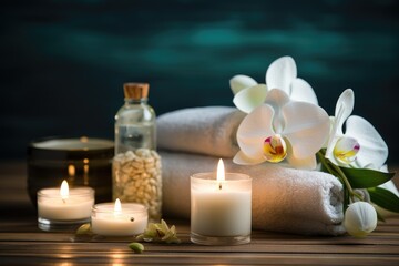Fototapeta na wymiar Spa still life with white orchids, candles and towels, Beauty spa treatment with candles, AI Generated