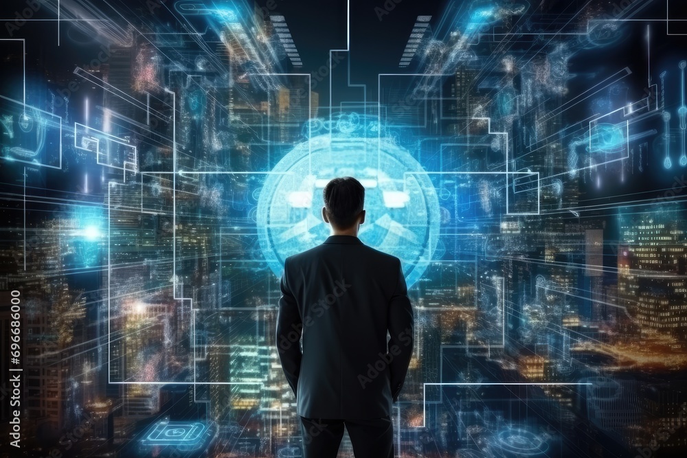 Poster back view of businessman working with virtual panel and night city at background, business with tech