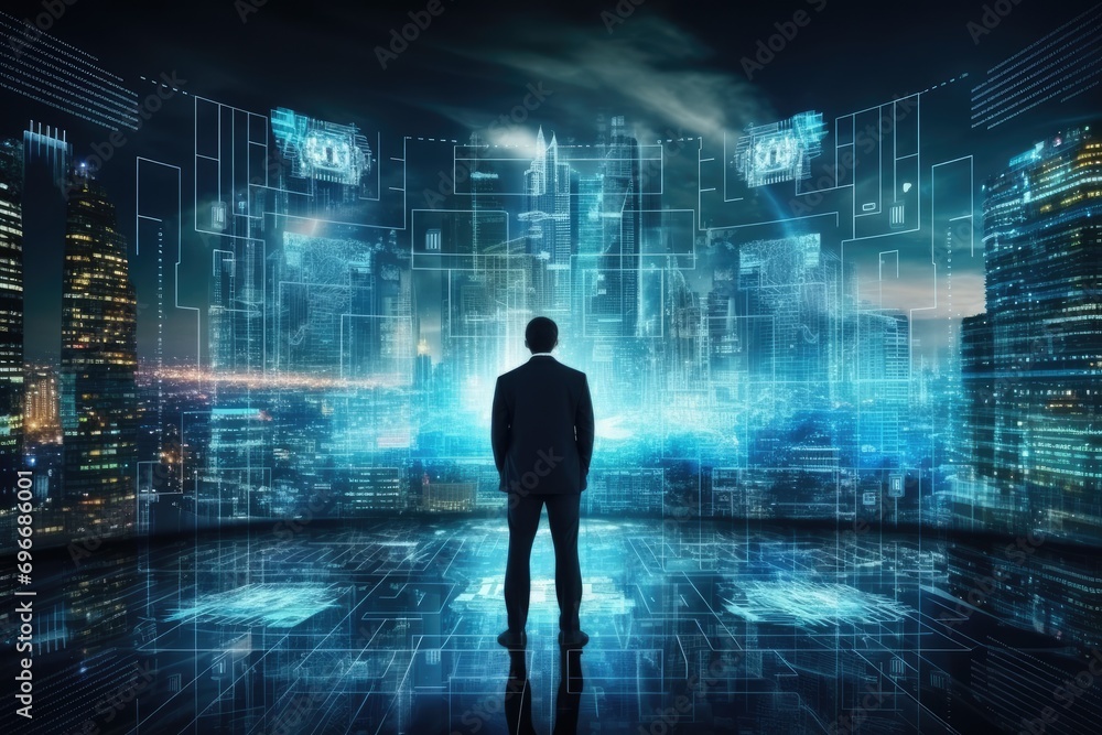 Poster businessman on abstract city background with binary code. technology concept. 3d rendering, business