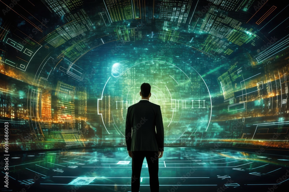 Poster back view of businessman looking at virtual panel with numbers and binary code, business with techno