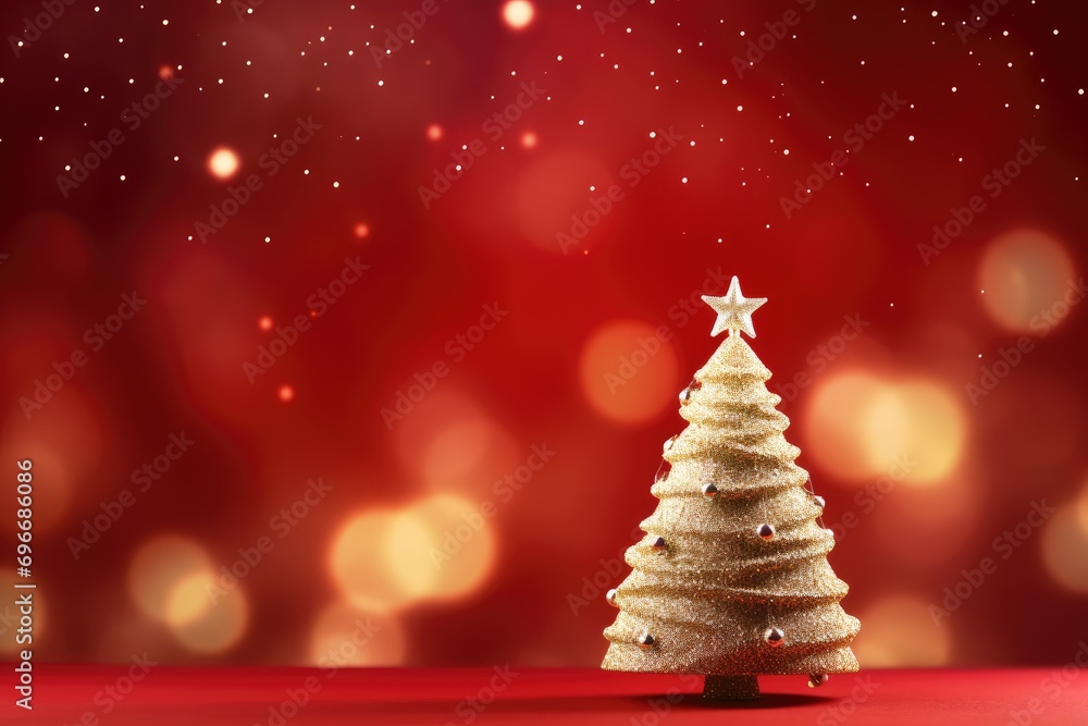 Poster christmas tree on red background with bokeh effect. 3d illustration, christmas tree with ornament an