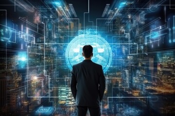 Back view of businessman working with virtual panel and night city at background, Business with technology, Concepts of surveillance and security scanning for digital program cyber, AI Generated