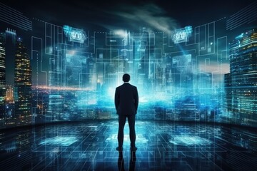 Businessman on abstract city background with binary code. Technology concept. 3D Rendering, Business with technology, Concepts of surveillance and security scanning for digital program, AI Generated