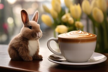 Cup of coffee with cute bunny and tulips on table in cafe, Chocolate Easter bunny sitting beside a...