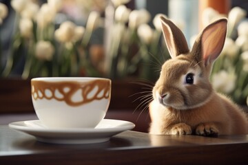 Cute bunny and cup of coffee on table in cafe, closeup, Chocolate Easter bunny sitting beside a coffee latte, AI Generated - Powered by Adobe