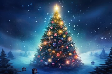 Christmas tree in the winter forest with gifts and lights. 3d illustration, Christmas Tree With Baubles And Blurred Shiny Lights, AI Generated
