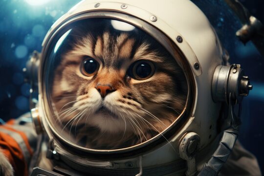 Cute cat in astronaut helmet. Portrait of a cat in space, Cat astronaut in a spacesuit on a science fiction concept, AI Generated
