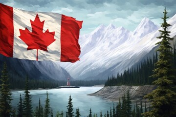 Canadian flag waving in the wind against picturesque lake and snowy mountains, Canada flag and beautiful Canadian landscapes, AI Generated